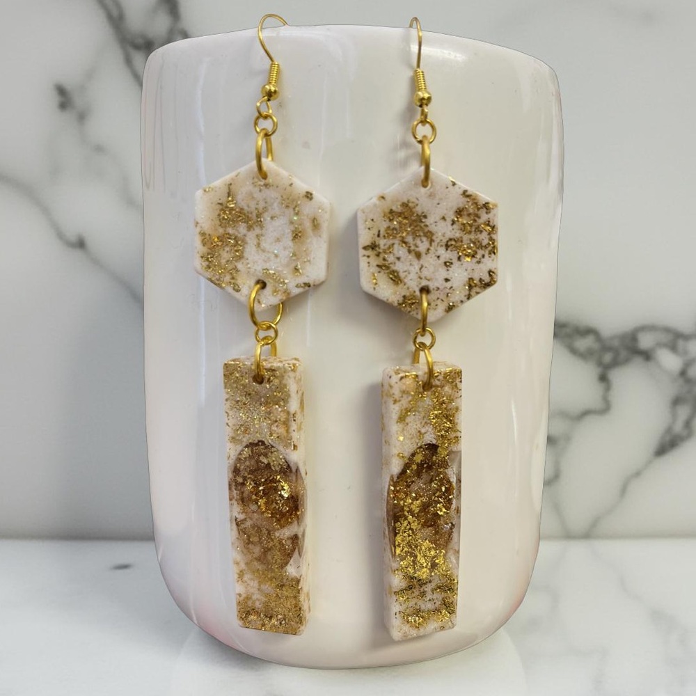 Gold and Cream Dangle Resin Earrings New